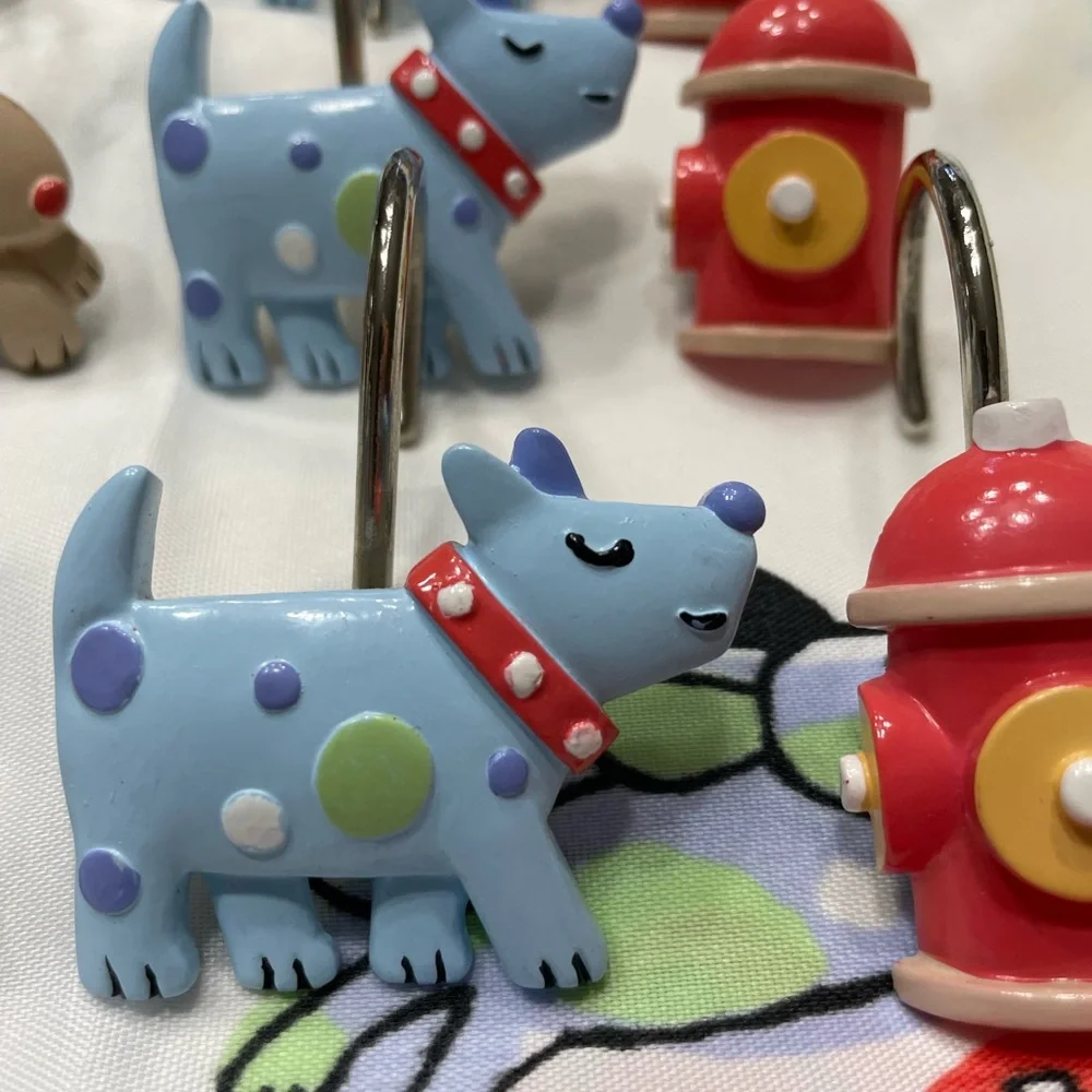 Playful Pups Shower Curtain With 11 Matching Shower Hooks. 70” x 70”